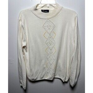 Jenny Women’s L Ivory Geometric Crew Neck Knit Beaded Long Sleeve Pullover